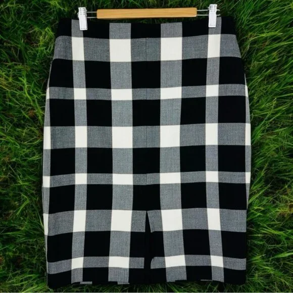 Ann Taylor Checkered Gingham Plaid Slit Stretchy High Rise Lined Pencil Skirt 8